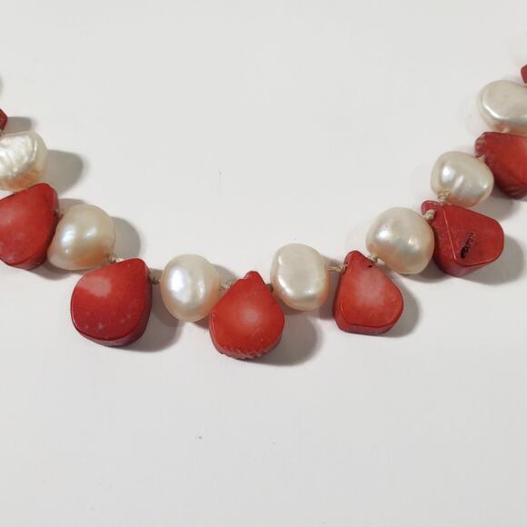 Freshwater Pearl & Teardrop Shaped Red Coral Bead Sterling Silver Necklace 20" - Picture 4 of 9